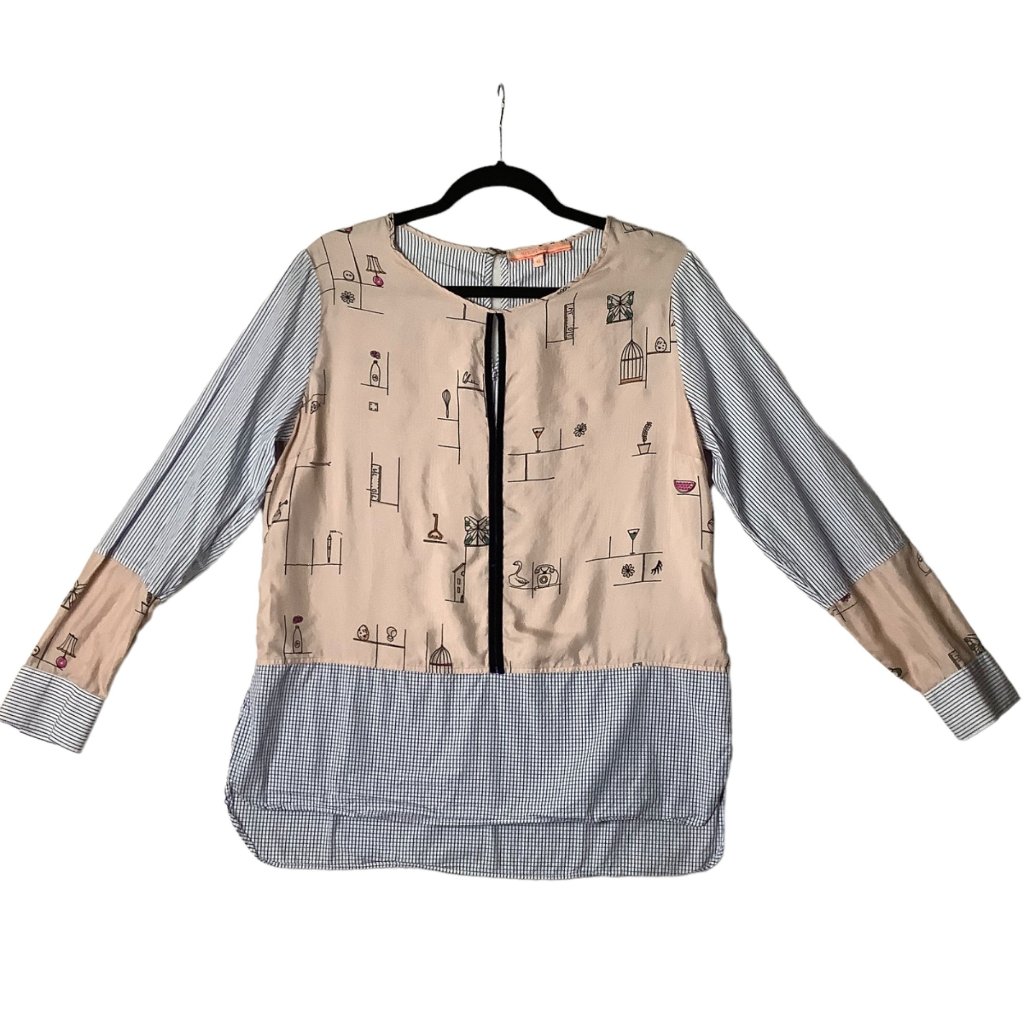 Vilagallo Madrid Collection Silk Blend Blouse Women Size 10 Eur42 Artist Print